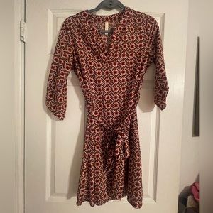 Pink and brown patterned 3/4 sleeve midi dress